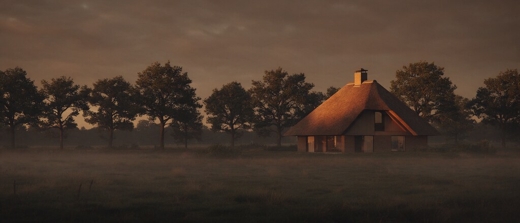 Woning met rieten kap in het landschap bij het blauwe uur