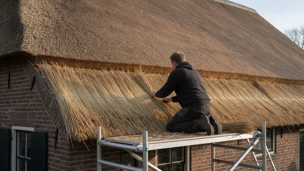 Rietdekker op de steiger tijdens het doordekken