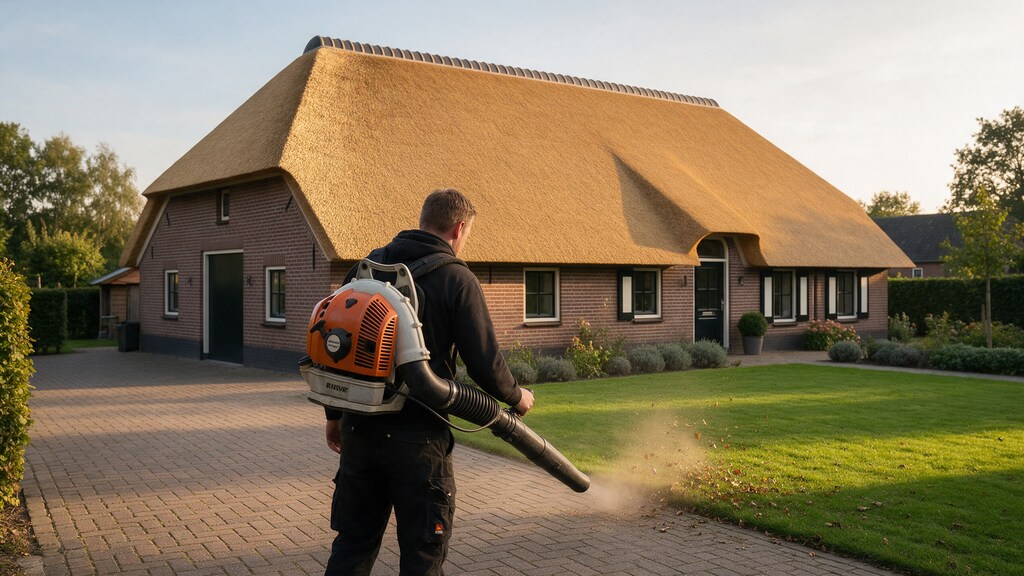 Rietdekker blaast het erf schoon met een bladblazer