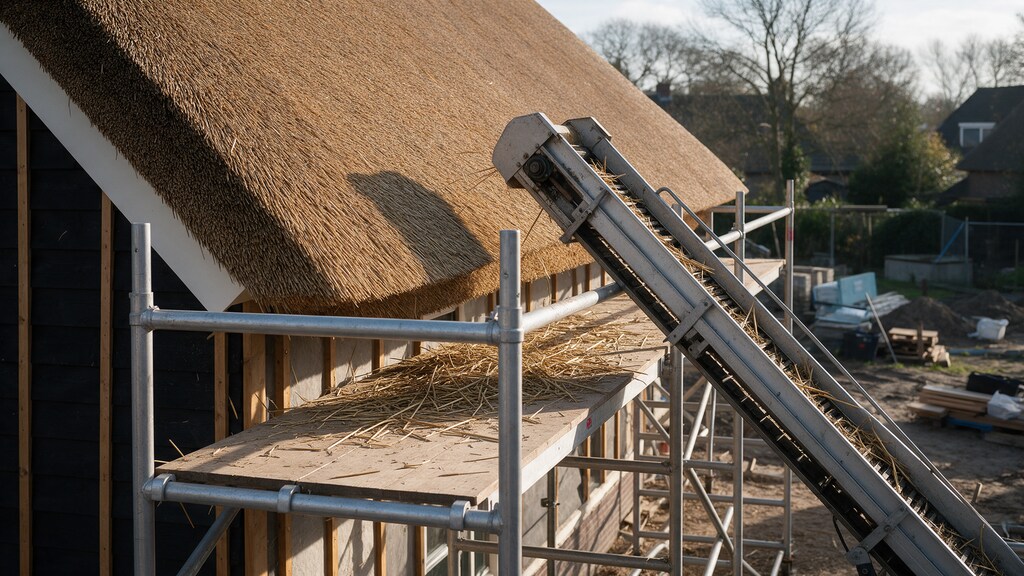 Steiger met rietlift langs een rieten dak